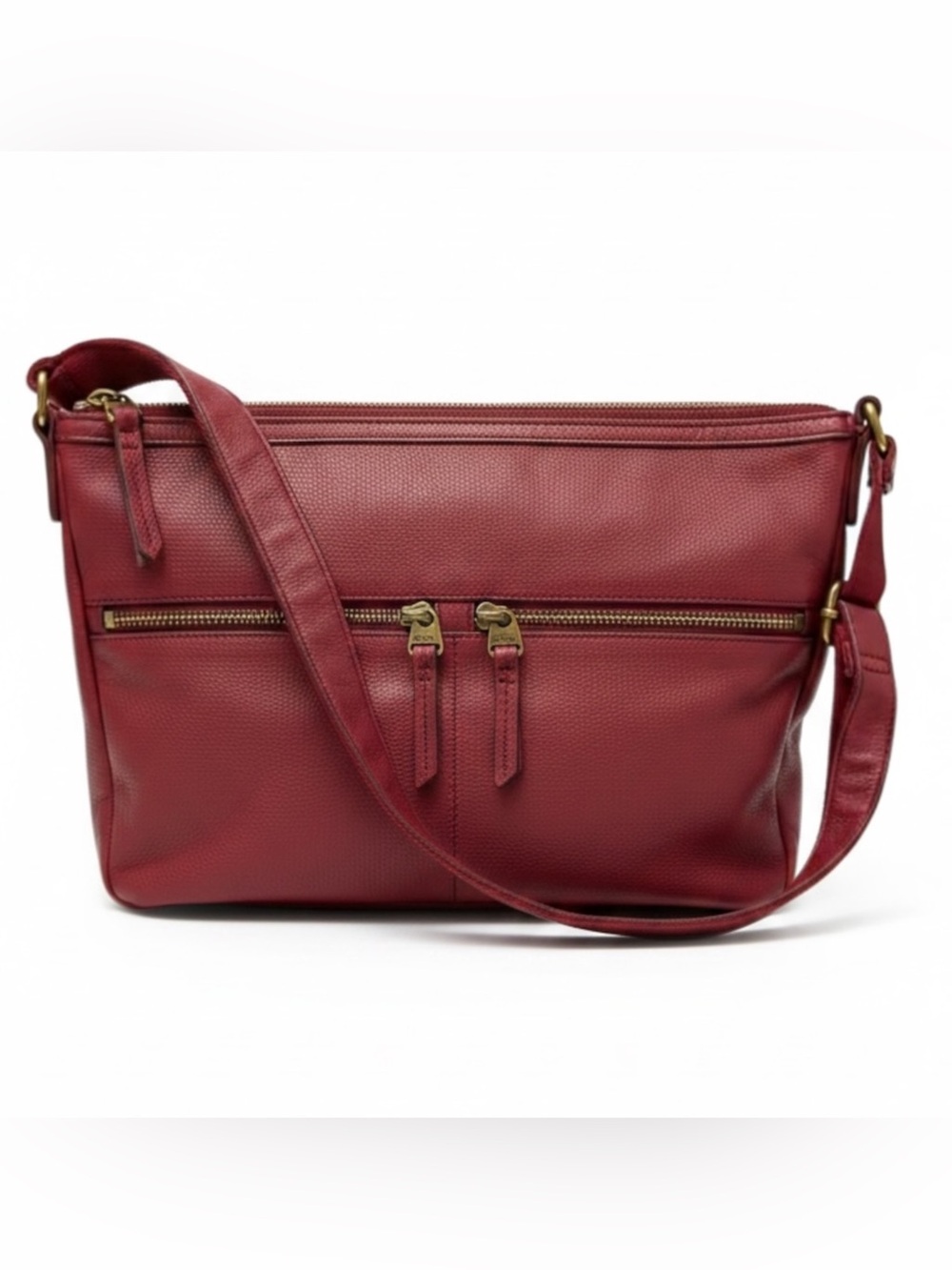 Fossil Pebbled Leather Crossbody Purse Red Burgundy Double Zip Organizer Bag